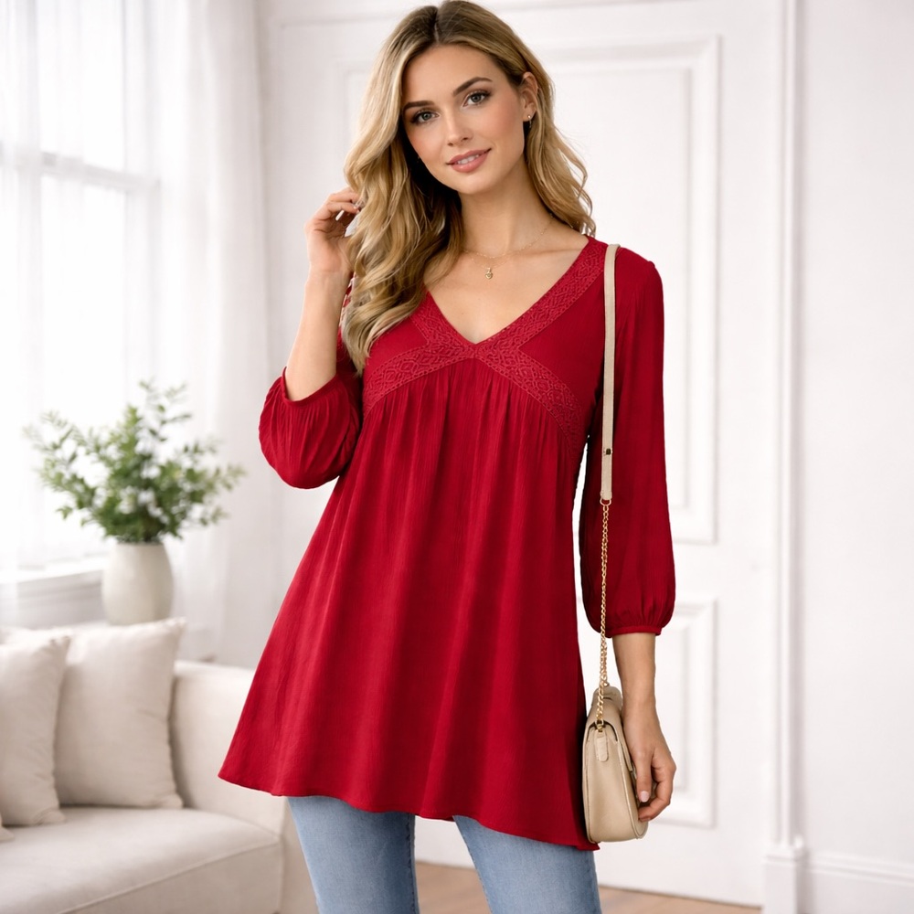 Suzanne Betro Red Empire Waist Long Sleeve Tunic, Size M